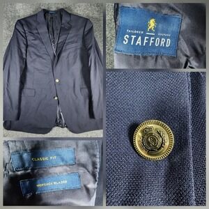 Stafford 50L Portly Hopsack Navy Blue Blazer Suit Jacket Sport Coat Gold Buttons
